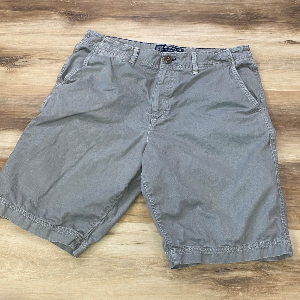 American Eagle Chino Shorts 36 Longer Length Flat Front Cotton Gray Casual